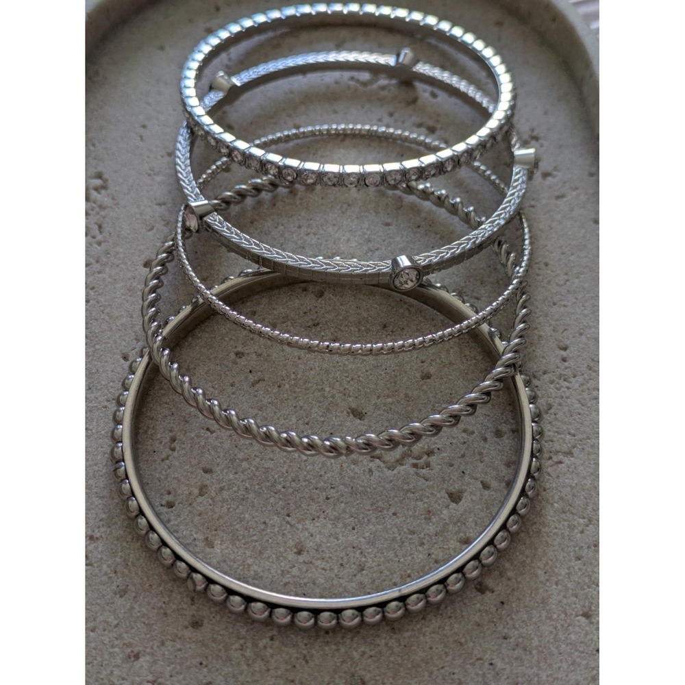 Silver Tone Stacking Bangle Bracelets Set Of 5 Textured Rhinestones Classic